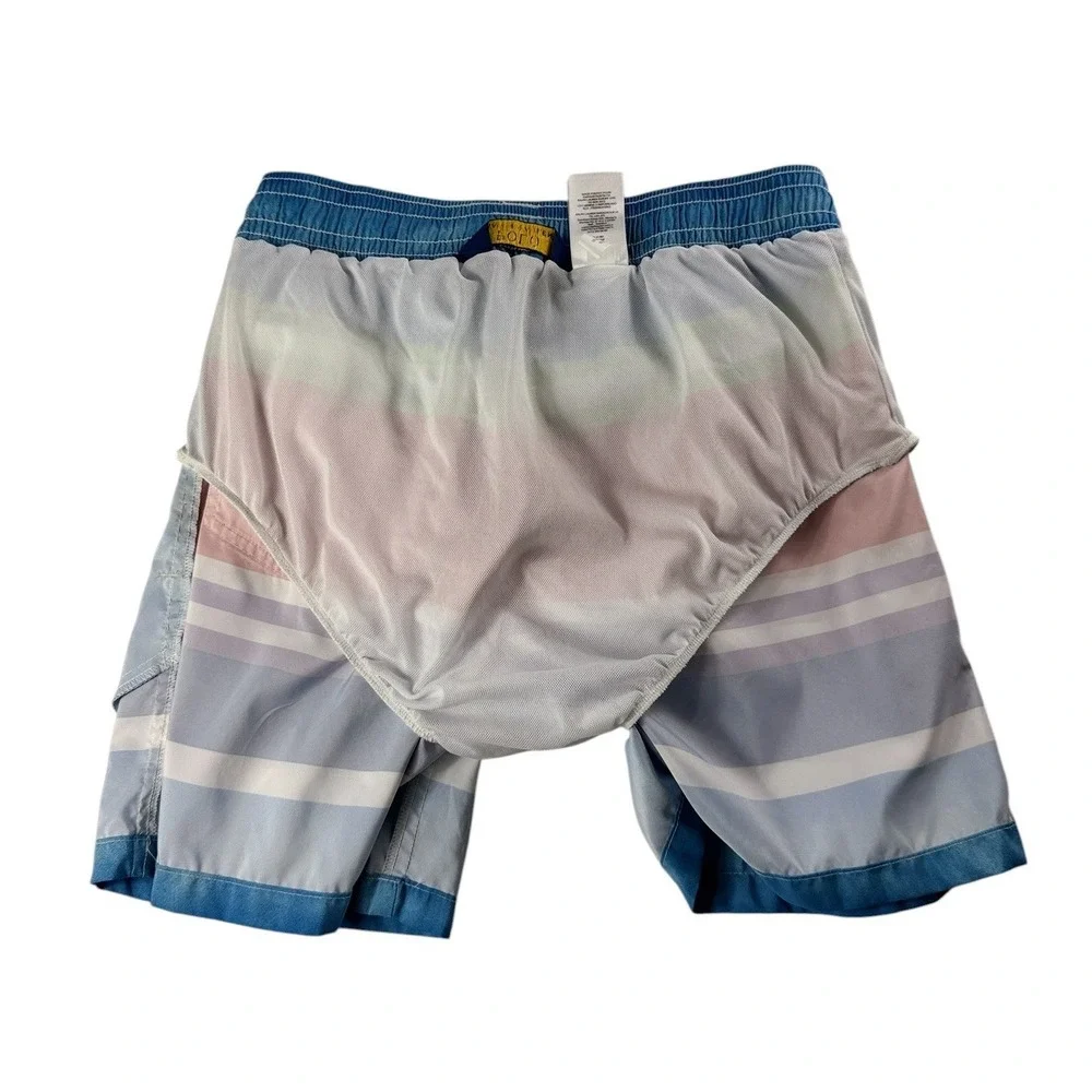 Patagonia Mens 34 Board Shorts Blue Yellow Striped Nylon Mesh Lined Swim Trunks